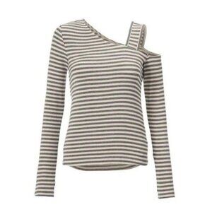 CAbi‎ 4568 Dare Tee Gray Cream Striped One Shoulder Top M Artsy Cut Out Y2K Soft